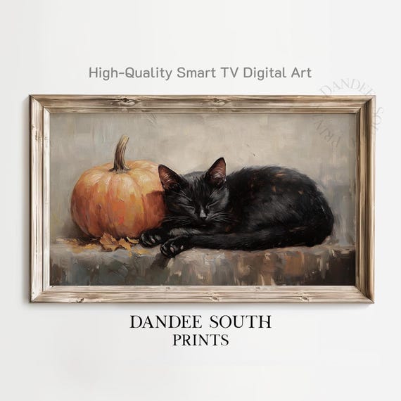 Halloween Tv Art For Framestyle Tvs Smart Black Cat Pumpkin Painting Vintage Fall Home Decor Display Tv089