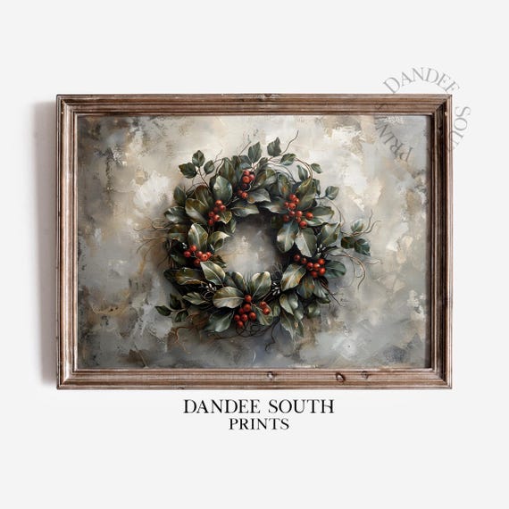 Vintage Christmas Wreath Wall Art Winter Botanical Farmhouse Decor Rustic Holiday Print 742