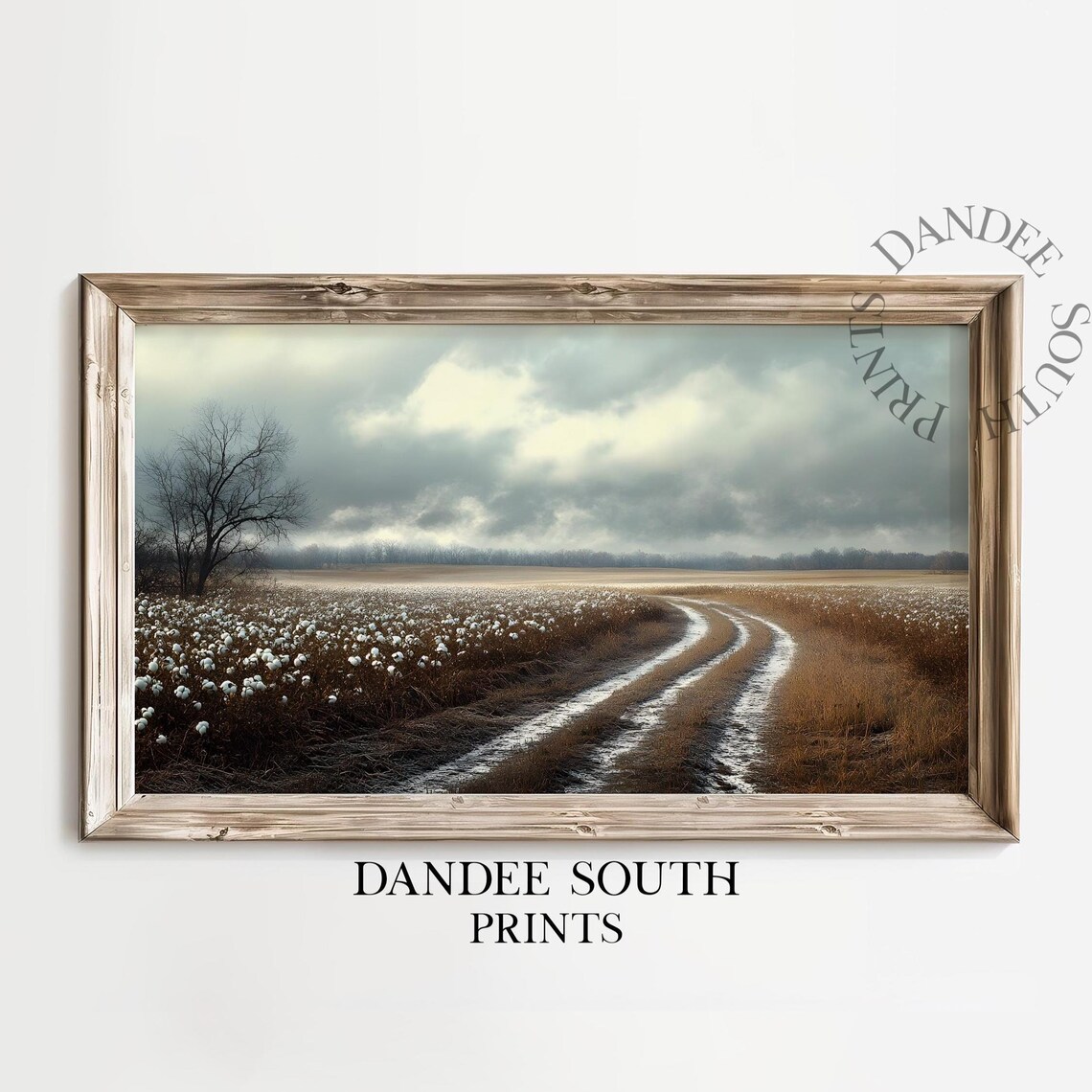 Vintage Cotton Field Dirt Road Stormy Sky Landscape Art Poster
