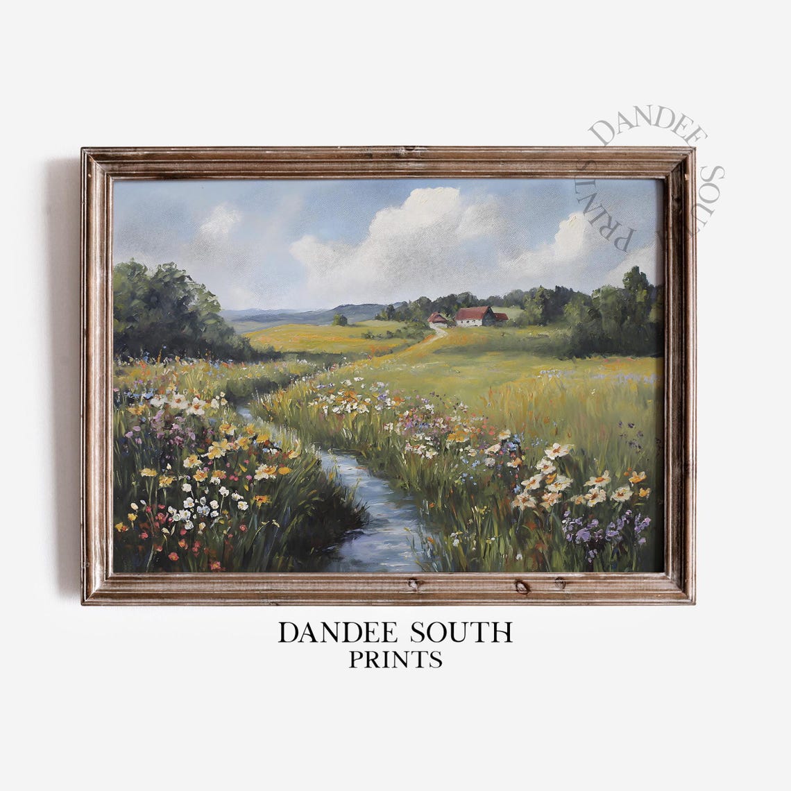 Wildflower Meadow Stream Farmhouse Vintage Oil Painting Wall Art