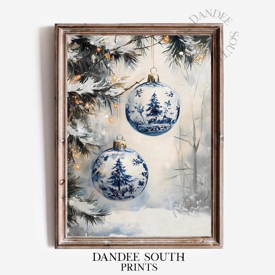 Blue Toile Christmas Ornaments, Chinoiserie Decor Art Print