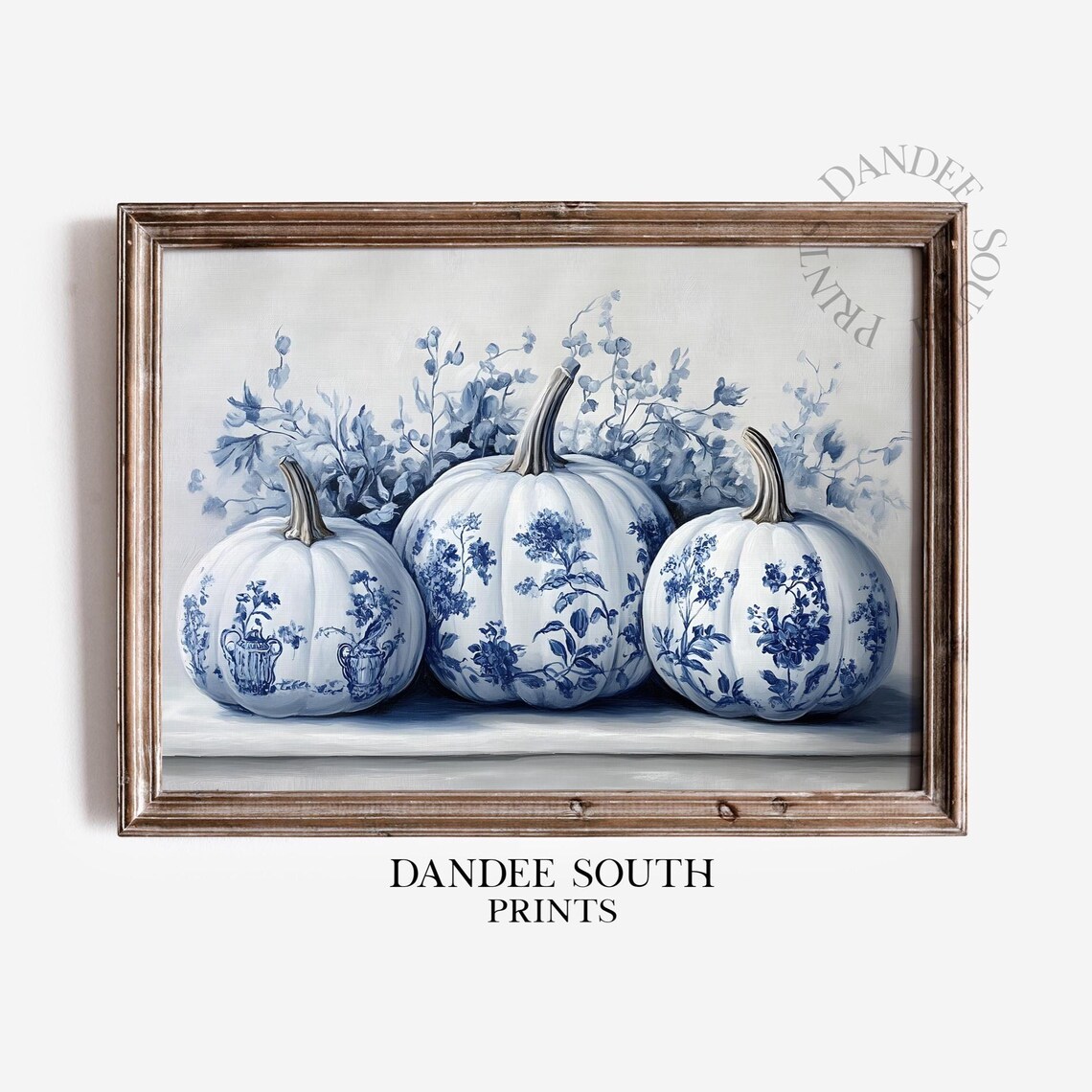 Blue White Toile Pumpkins Art Print, French Country