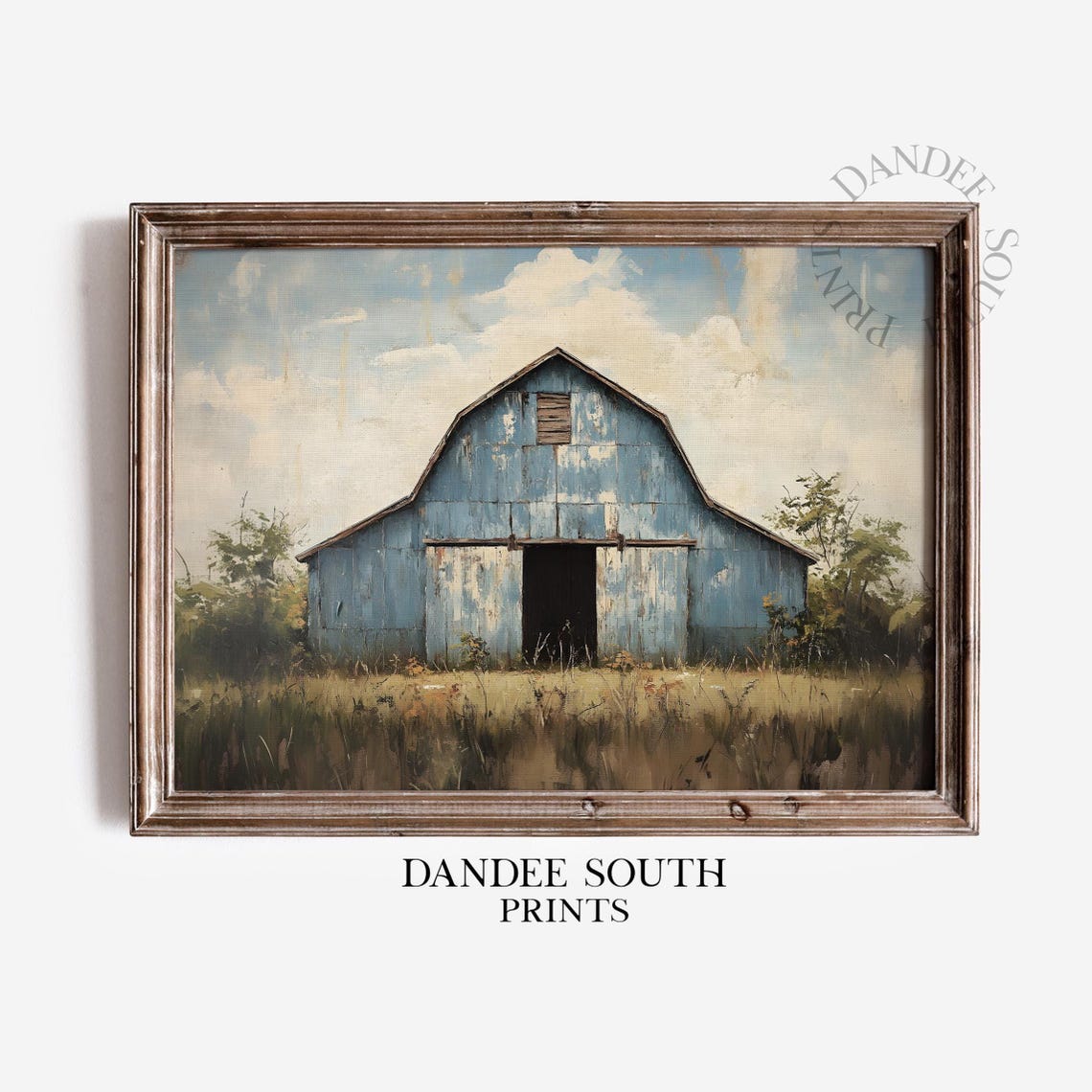 Weathered Blue Barn Cloudy Sky Meadow Rustic Vintage Painting Wall Art