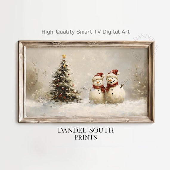 Snowmen with Santa Hats beside Christmas Tree Winter Painting Poster