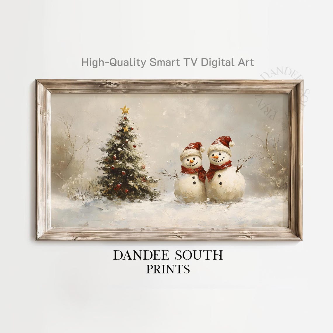 Snowmen with Santa Hats beside Christmas Tree Winter Painting Poster
