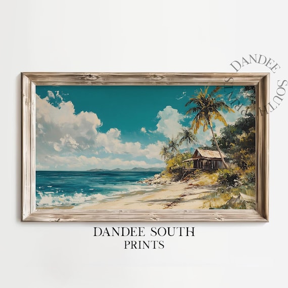 Tropical Beach Hut Palm Trees Turquoise Ocean Vintage Painting Poster
