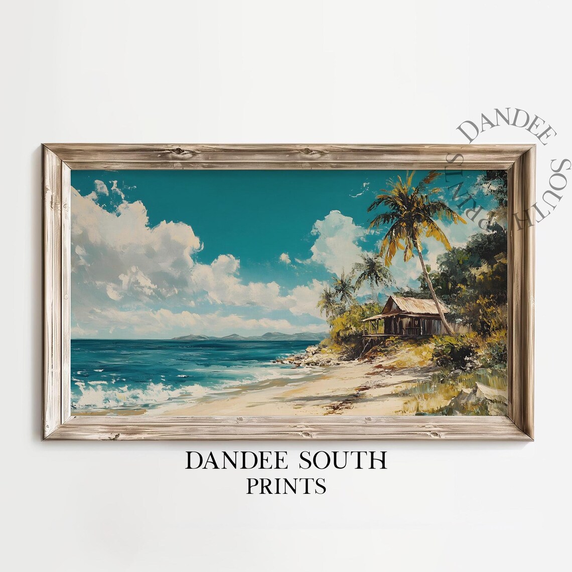 Tropical Beach Hut Palm Trees Turquoise Ocean Vintage Painting Poster