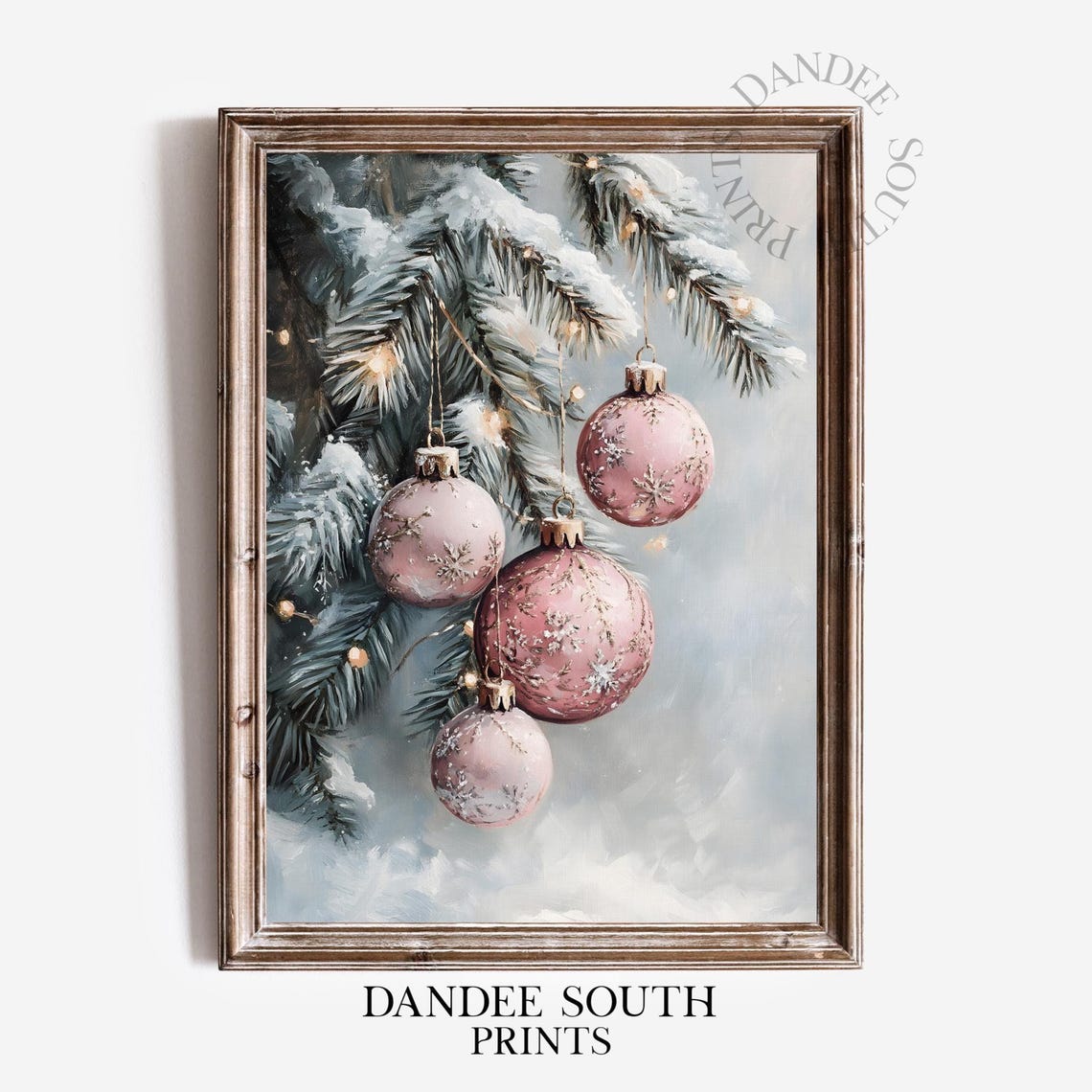 Pink Bauble Ornaments Snowy Branch Vintage Christmas Painting Poster