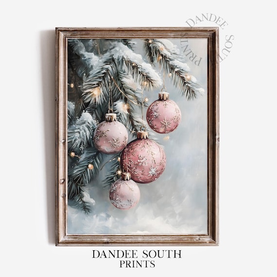 Pink Bauble Ornaments Snowy Branch Vintage Christmas Painting Poster