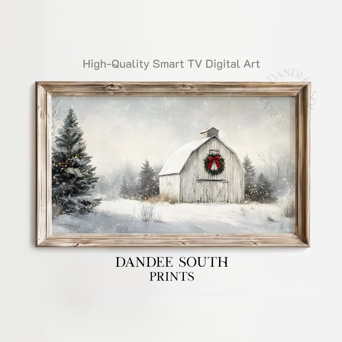 Snowy White Barn Christmas Wreath Winter Farm Painting Poster