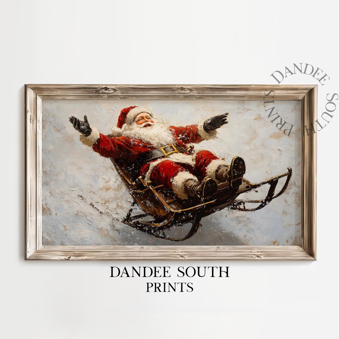 Funny Santa Claus Sleigh Ride Vintage Christmas Painting Wall Art