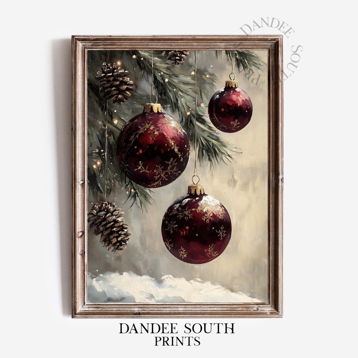 Red Glass Baubles Pine Cones Snowy Branch Christmas Painting Poster