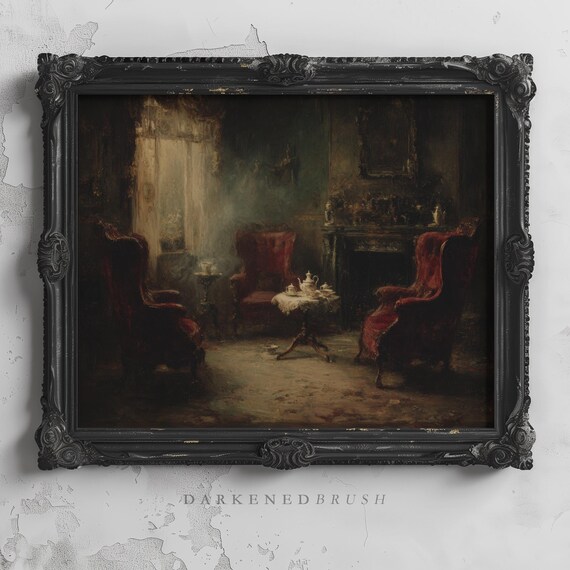 Gothic Victorian Interior With Red Chair And Dark Shadows Wall Art Romantic Moody Academia Decor Haunted Parlor