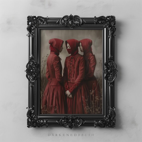 Mysterious Women Sisterhood Red Cloak Gothic Witch Art Dark Fantasy Painting Academia Vintage Decor Witchy Wall