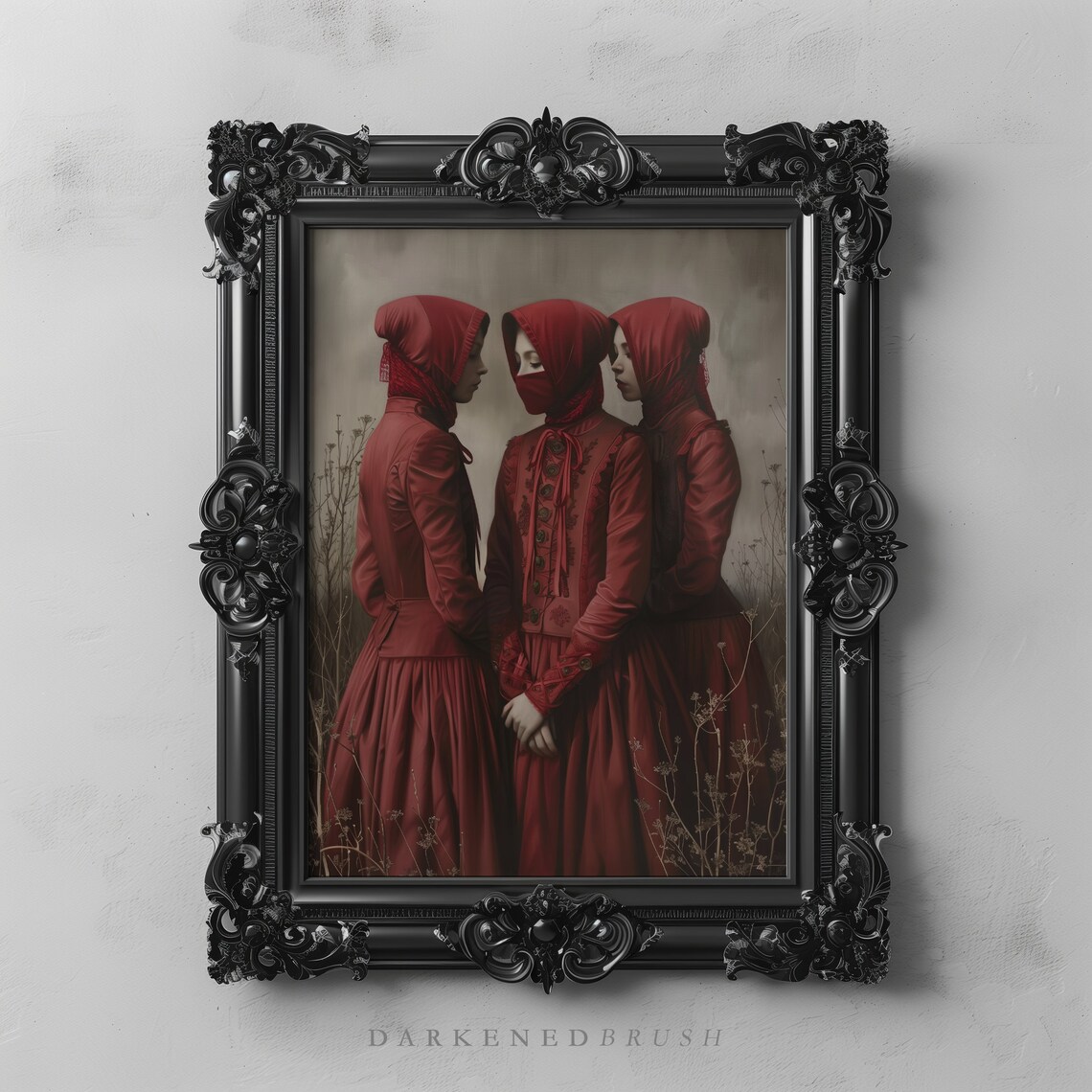 Three Mysterious Women Red Cloaks Gothic Sisterhood Art Print