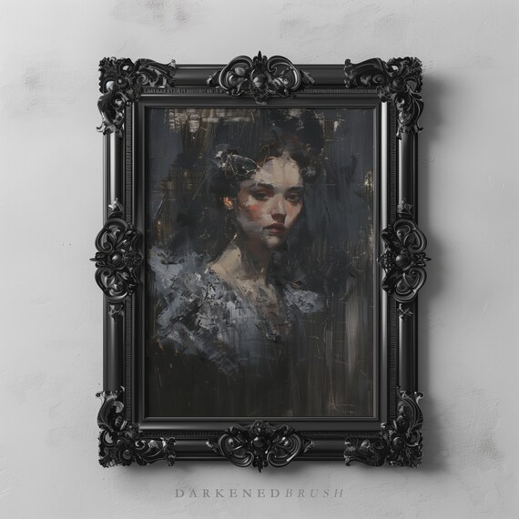 Moody Victorian Woman Portrait Painting Abstract Dark Oil Wall Art Gothic Vintage Lady Print Academia Decor