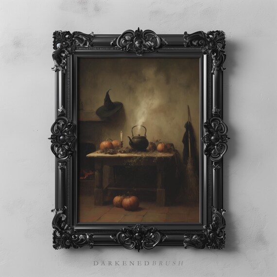Witchs Table With Cauldron Candles Pumpkins By Hearth Gothic Vintage Halloween Painting Kitchen Art Autumn Decor 284