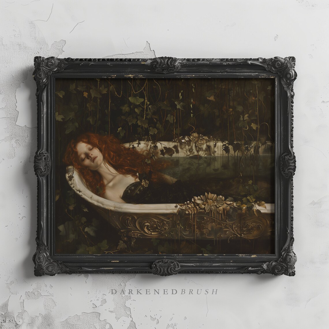 Red Haired Woman Resting In Ornate Bathtub Dark Forest Fantasy Poster