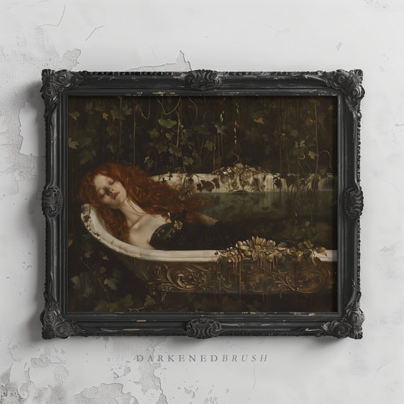 Woman In Bathtub Portrait Forest Painting Victorian Wall Art Dark Antique Oil Bathroom Decor