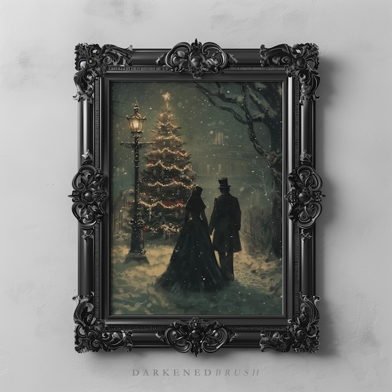 Victorian Couple By Snowy Christmas Tree Gothic Winter Poster