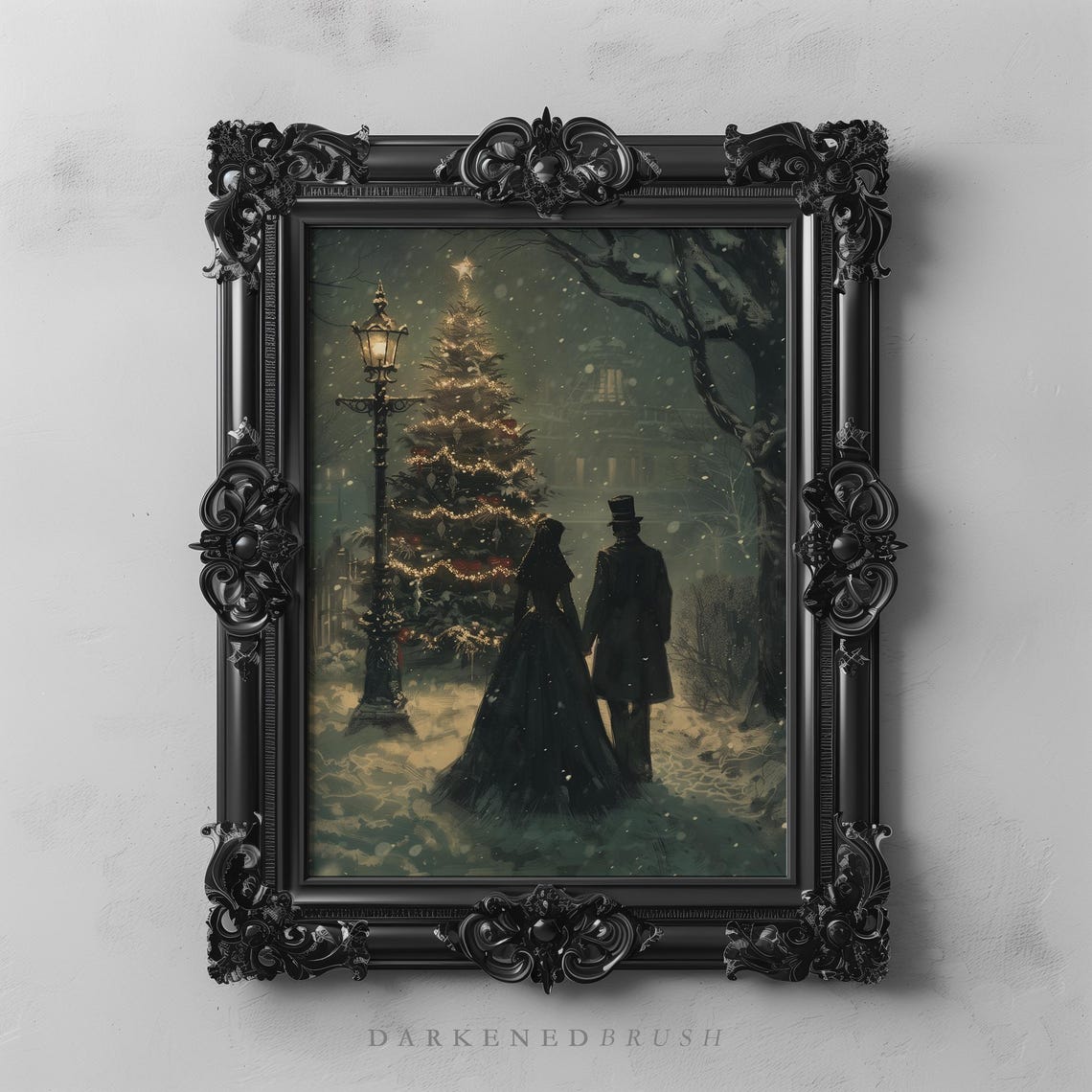Victorian Couple By Snowy Christmas Tree Gothic Winter Poster