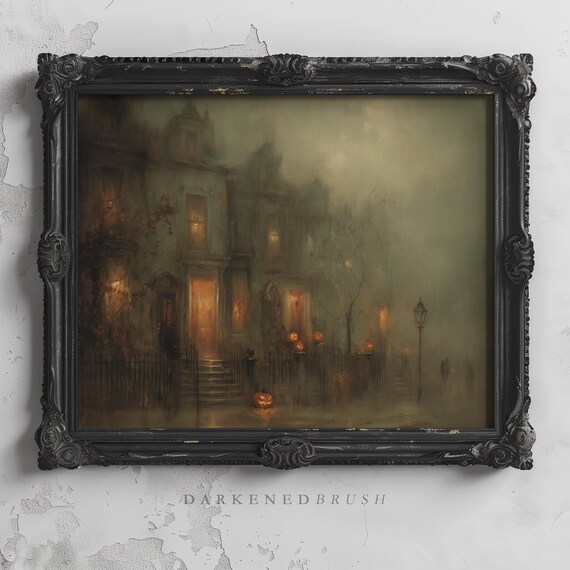 Jackolanterns Pumpkins In Gothic Neighborhood Vintage Halloween Eve Night Street Oil Painting Moody Haunted Decor 283