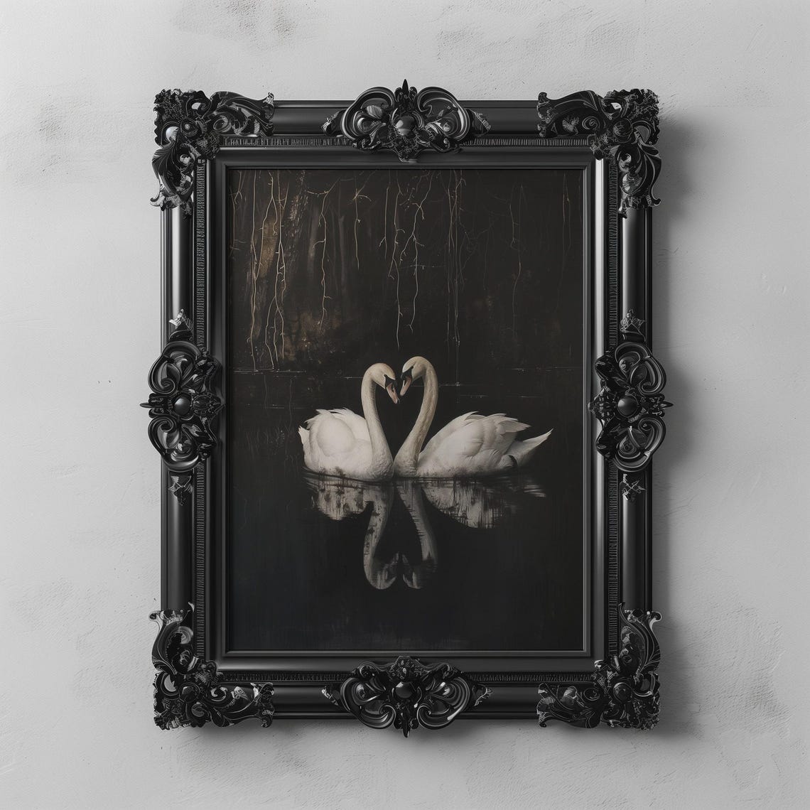 Two White Swans Forming Heart On Dark Water Moody Painting Poster