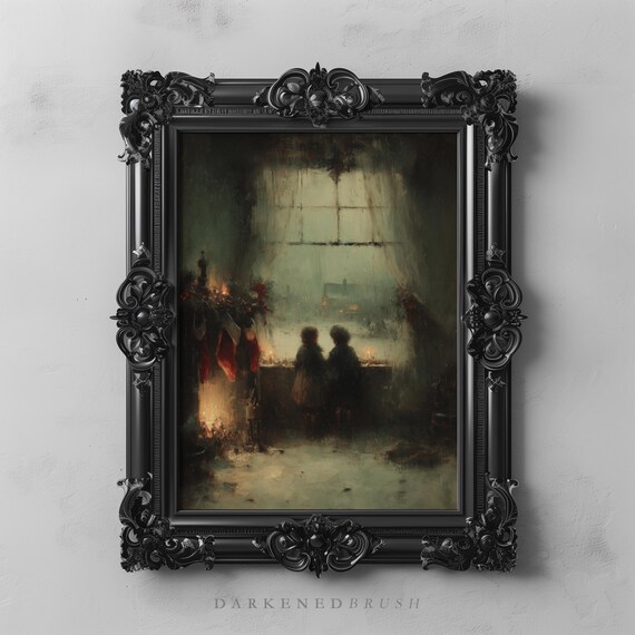 Victorian Children At Hearth With Candlelight Gothic Vintage Christmas Wall Art Moody Dark Academia Winter Holiday Decor 416