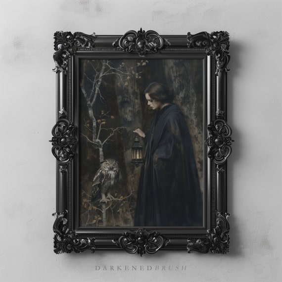 Mystical Forest Girl And Owl Art Print Witchy Wall Gothic Decor Dark Academia Enchanted Lantern Glow Fairy Tale Painting