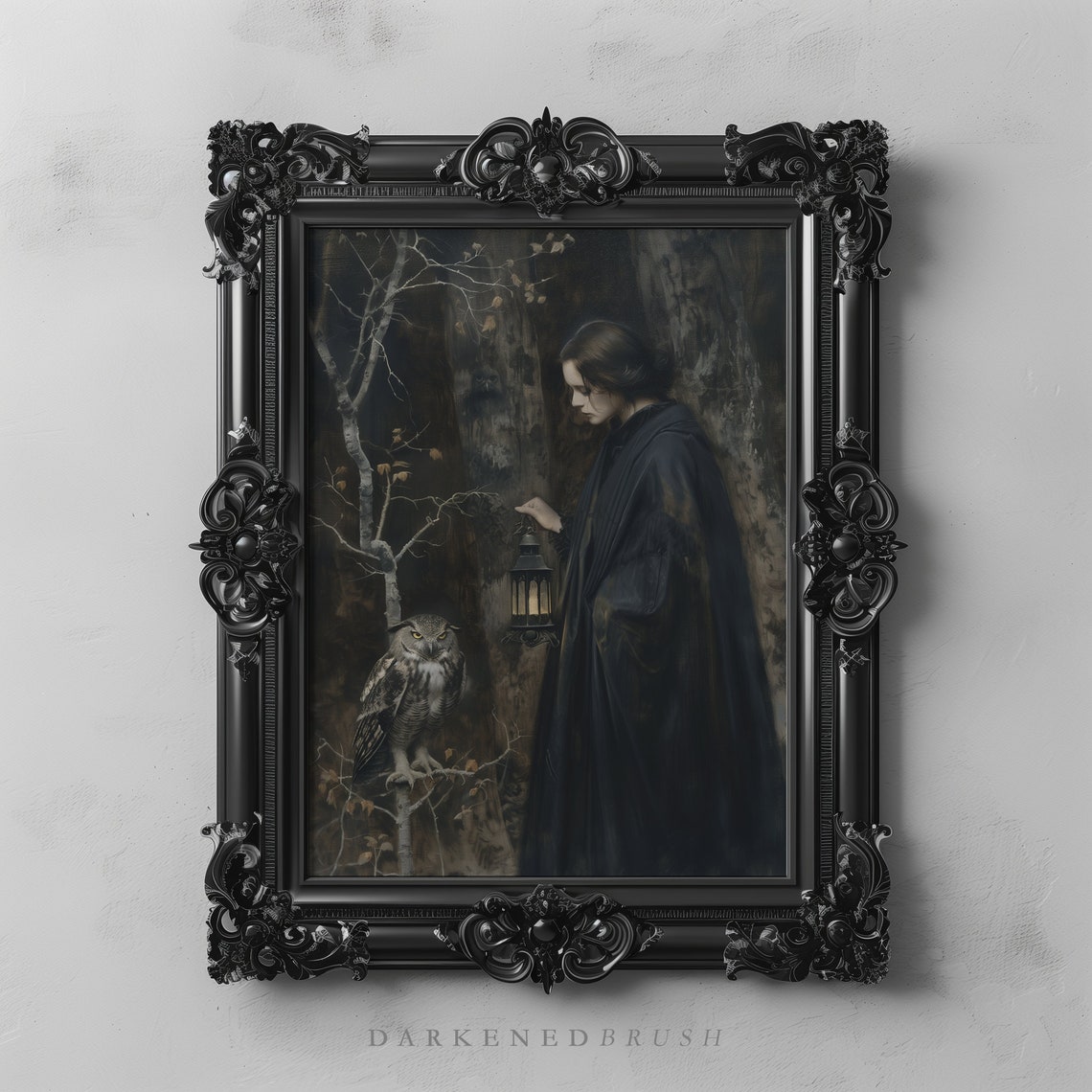 Cloaked Woman With Lantern And Owl In Dark Forest Gothic Poster