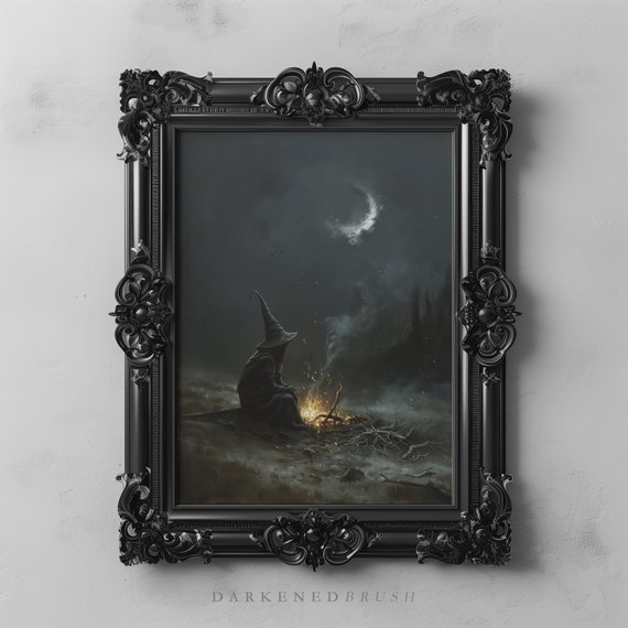 Lonely Alchemist Witch At Night Dark Fantasy Forest Painting Art Gothic Wall Decor Witchy Mystical Crescent Moon Landscape