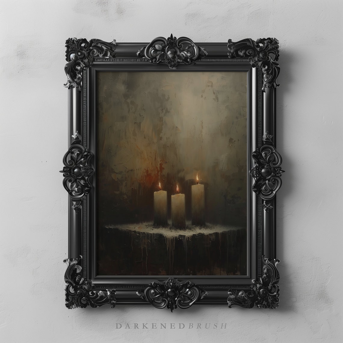Victorian Flickering Candlesticks Art Print Gothic Oil Painting Dark Academia Decor Moody Candle Wall Home
