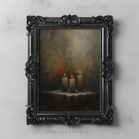 Victorian Flickering Candlesticks Art Print Gothic Oil Painting Dark Academia Decor Moody Candle Wall Home