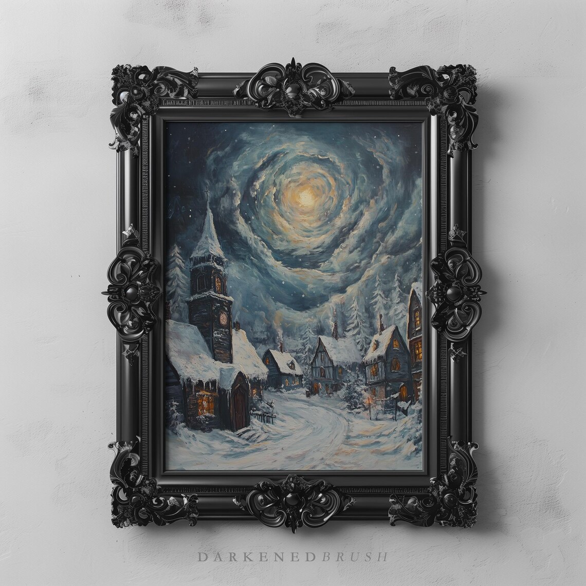 Snowy Christmas Village Starry Night Oil Painting Festive Winter Poster