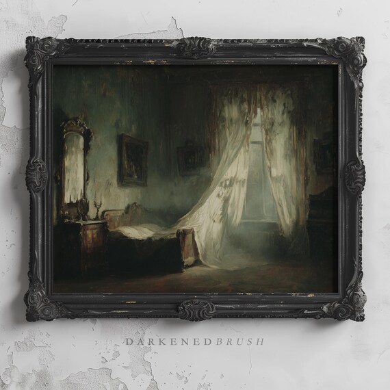 Victorian Gothic Bedroom Art Haunted Room Dark Academia Interior Windblown Curtain Wall Decor Moody Vintage