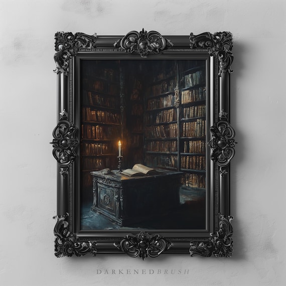 Candlelit Gothic Library Art Dark Academia Decor Antique Vintage Books Wall Victorian Study Painting