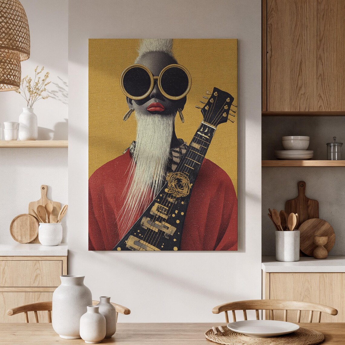 Surreal Bearded Musician with Round Sunglasses and Electric Guitar Pop Portrait Poster