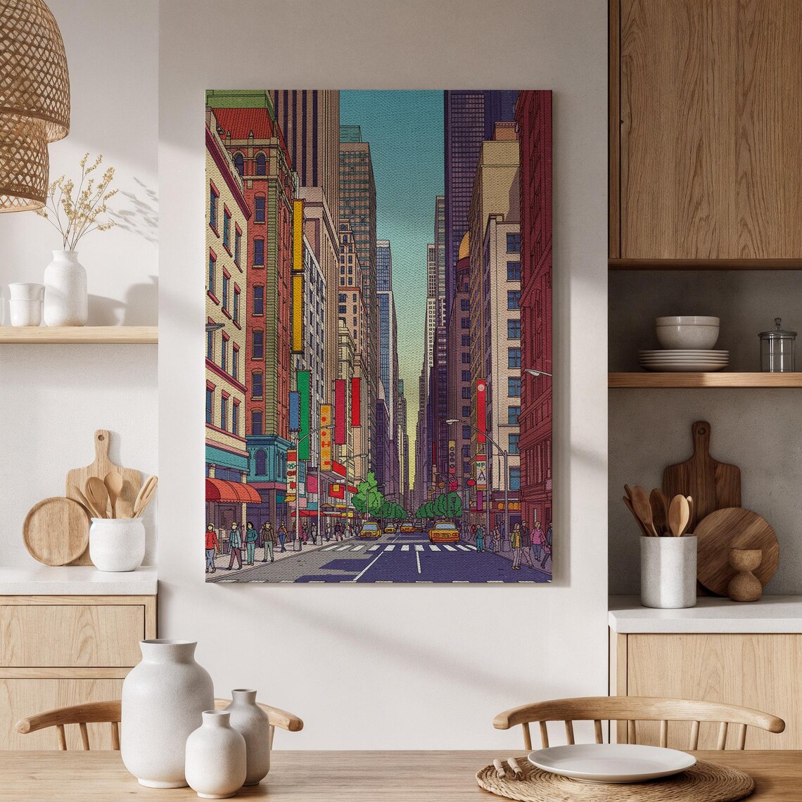 Vibrant Big City Street Yellow Taxis Urban Illustration Poster