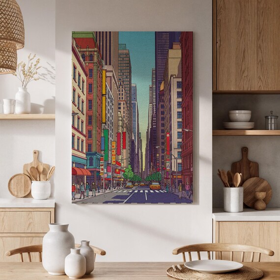 Framed City Street Canvas Print Urban Cityscape Art Vibrant View With Cars Retro Decor For Living Room Office Studio