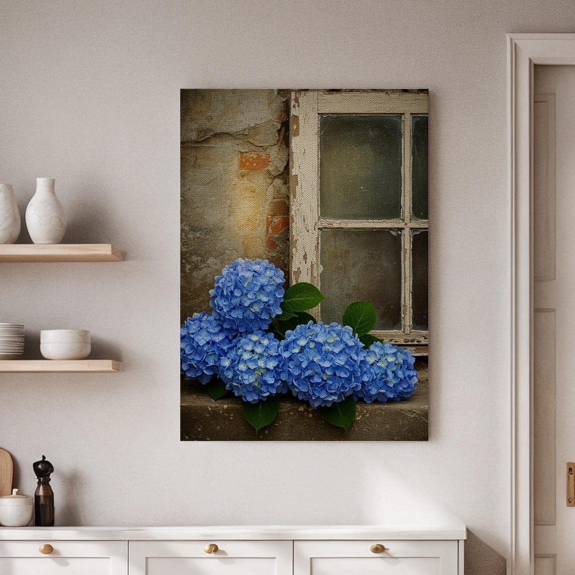 Blue Hydrangea Rustic Window Cottage Floral Still Life Poster