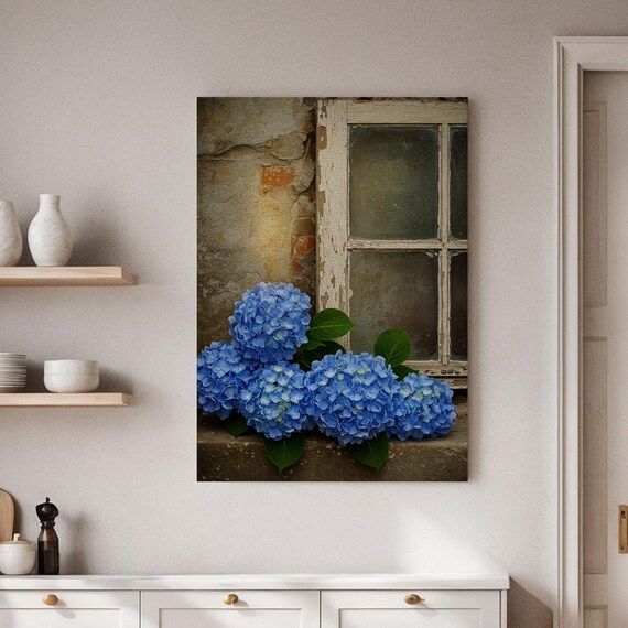 Blue Hydrangea Rustic Window Cottage Floral Still Life Poster