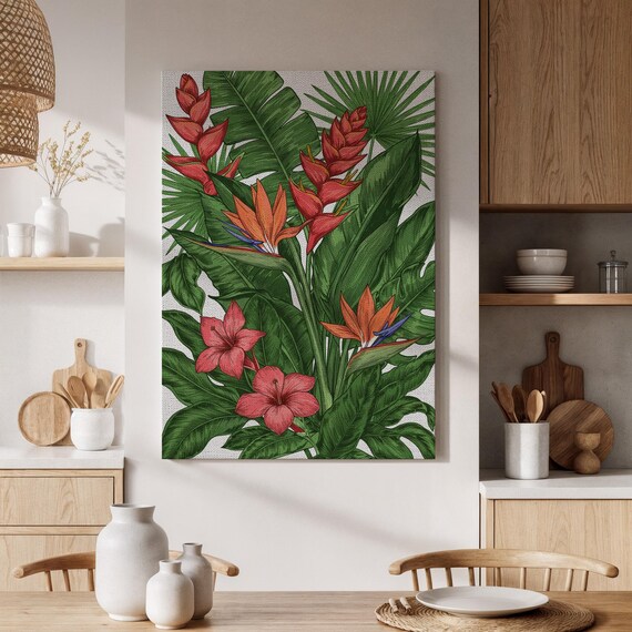 Tropical Flowers Bird Of Paradise Hibiscus Hand Drawn Art Poster
