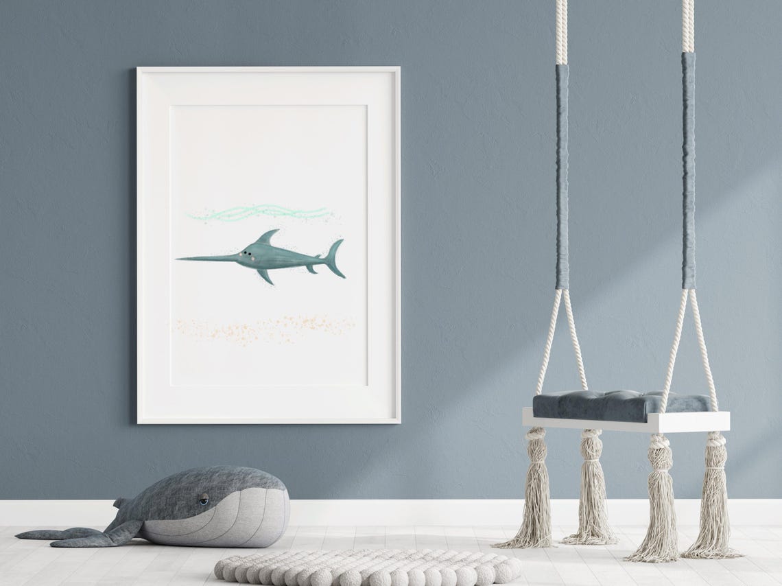 Baby Ocean Theme Swordfish Art Nursery Print Room Sea Cute Under The Girl - Image 2