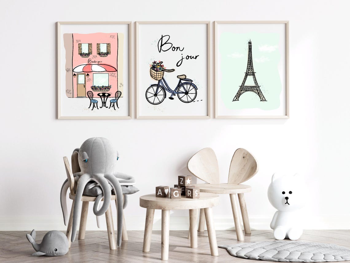 Bon Jour Script Bicycle with Flower Basket French Nursery Wall Art - Image 2