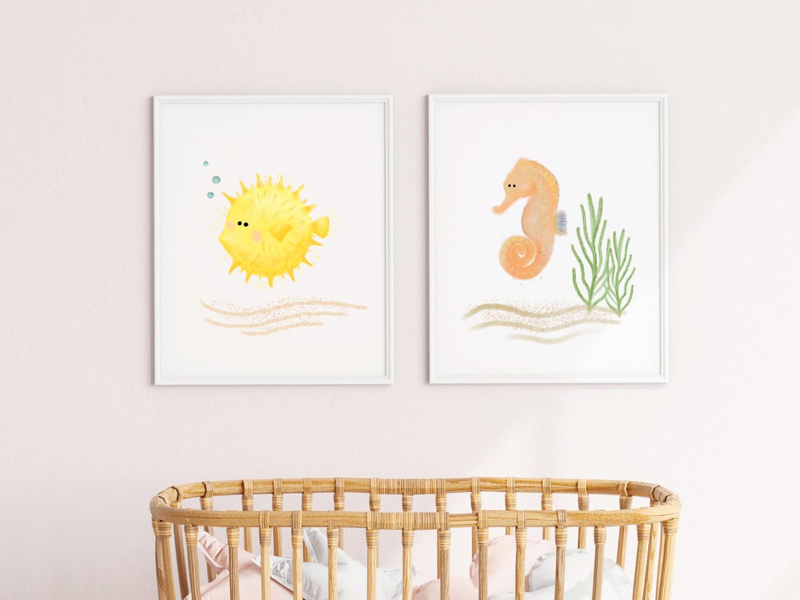 Sea Nursery Theme Blowfish Print Ocean Decor Deco Nautical Beach Baby Room Art Cute Under The - Image 2