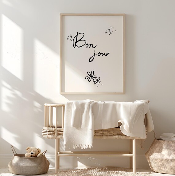 Bon Jour Script Calligraphy French Floral Doodle Nursery Poster