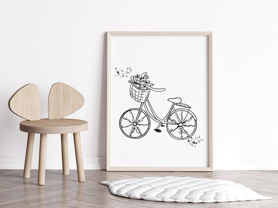 Vintage Bicycle with Flower Basket Line Sketch Nursery Wall Art