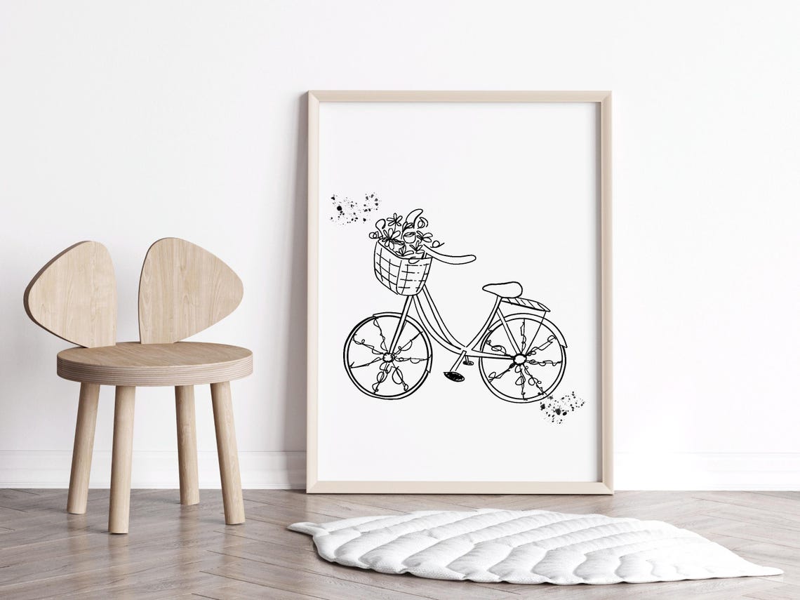 Vintage Bicycle with Flower Basket Line Sketch Nursery Wall Art