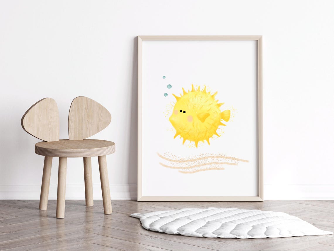 Happy Yellow Pufferfish with Bubbles Ocean Nursery Kids Wall Art