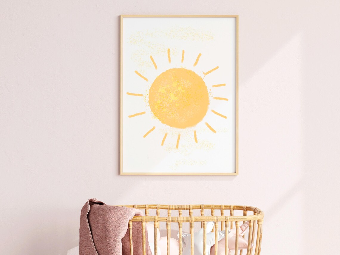 Golden Yellow Sun Watercolor Sunshine Doodle Nursery Kids Wall Art